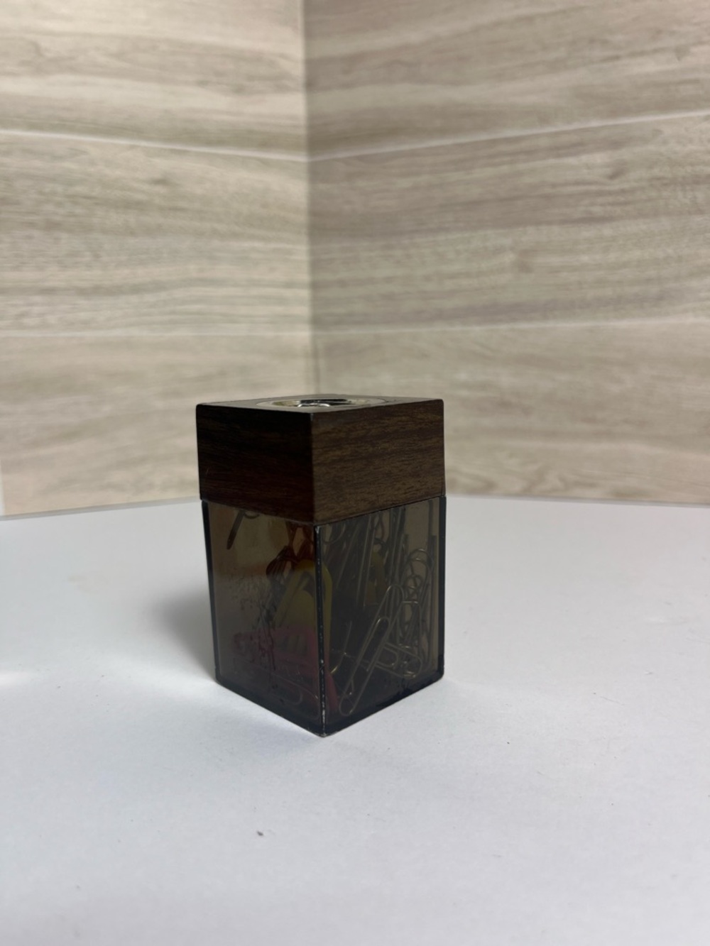 Vintage Magnetic Paper Clip Holder With Faux Wood Deign